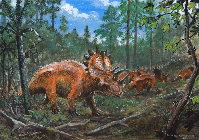 Regaliceratops dinosaurs in a forest by Tuomas Koivurinne