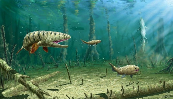 Eusthenodon and ancient fish in underwater prehistoric scene