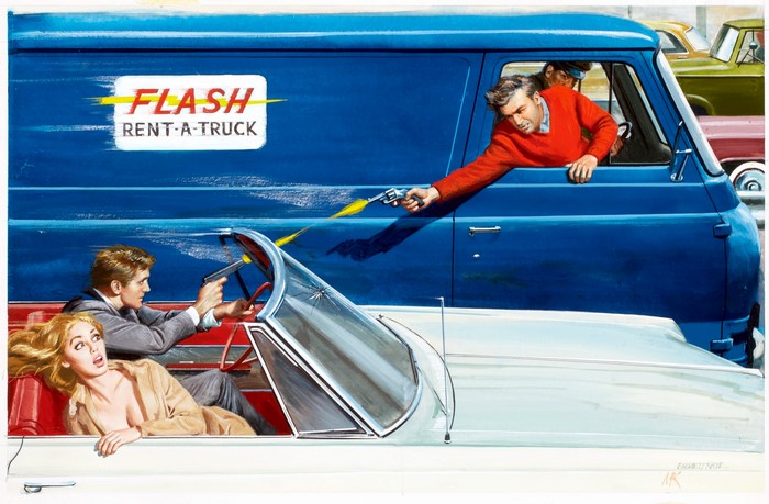 Mort Kunstler painting of a shootout between a van and a car
