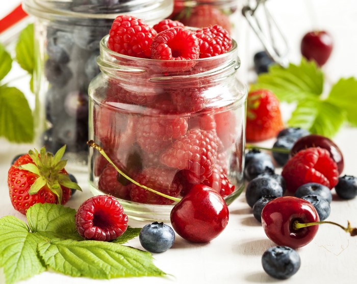 Jars of Raspberries, Blueberries, and Cherries