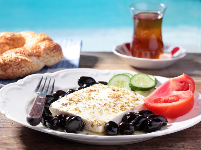 Turkish Breakfast with Tea and Bagel