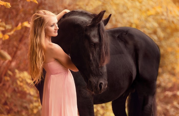 Blonde girl in pink dress with black horse