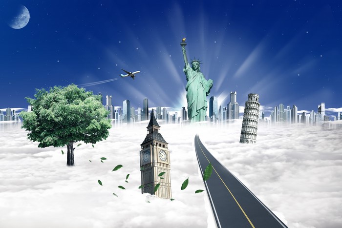 Statue of Liberty, Big Ben, Leaning Tower of Pisa, and a tree above clouds