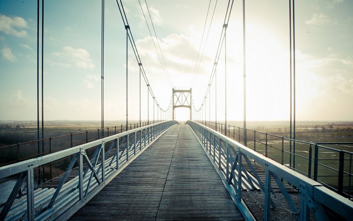 Suspension bridge walkway with towers and landscape