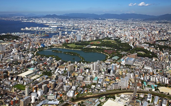 Aerial view of Fukuoka, Japan cityscape with Ohori Park