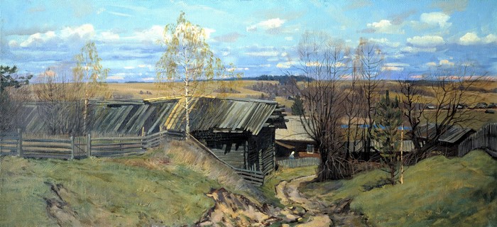 Rural landscape with wooden houses and fences