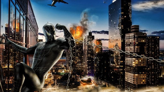 Spider-Man in Black Suit with Cityscape and Fire