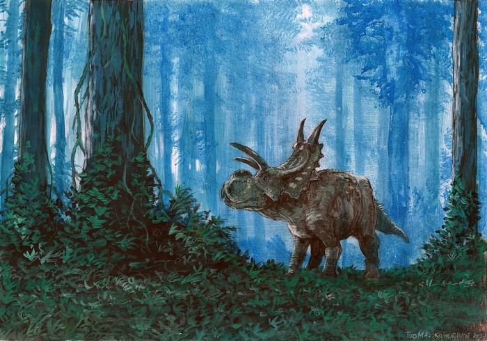 Xenoceratops dinosaur in a blue forest
