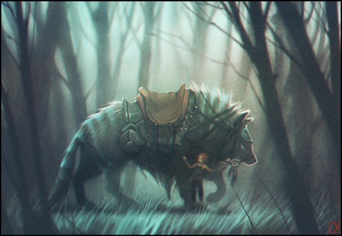 Girl with a giant wolf in a misty forest