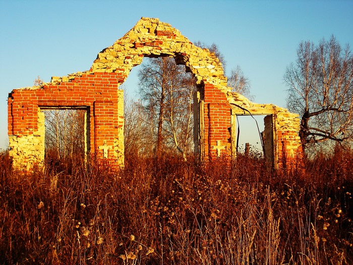 Ruins of a brick building in tall grass