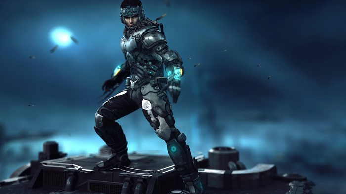 Sci-fi warrior in futuristic armor at night