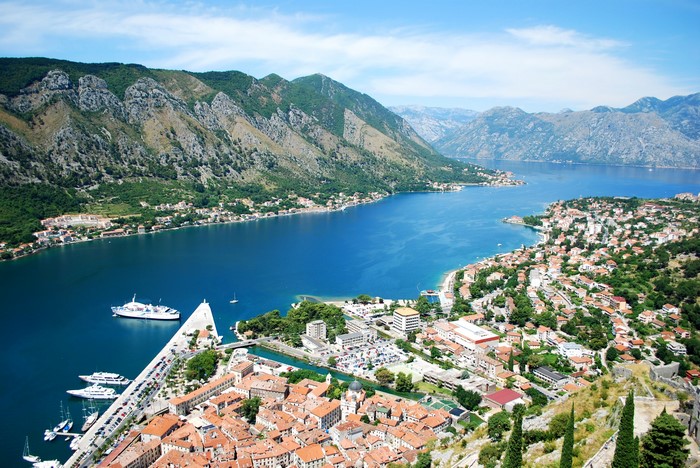 Kotor, Montenegro Bay with Mountains and Ships