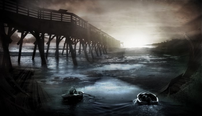 Two boats under a pier at sunset