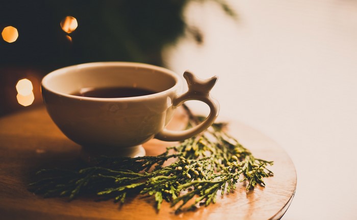 Cup of tea with greenery and bokeh lights