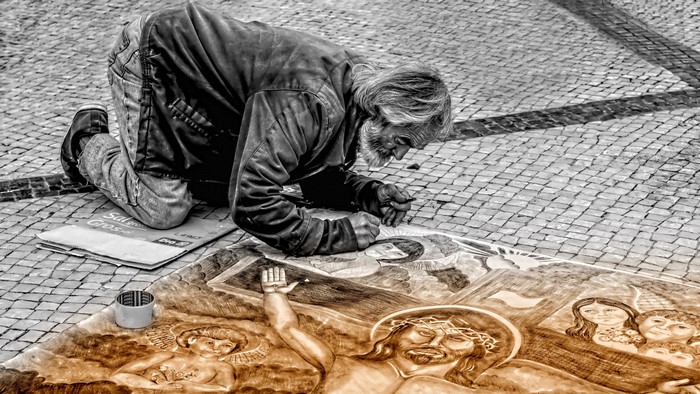 4K Old Man Drawing Religious Scene on Pavement