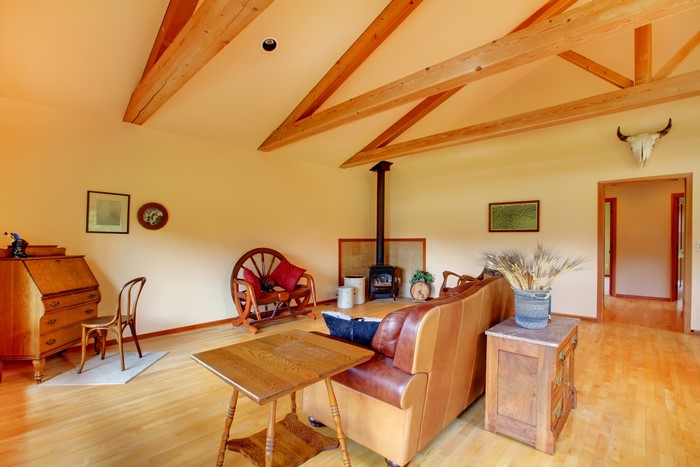 Living room with wooden beams and rustic furniture