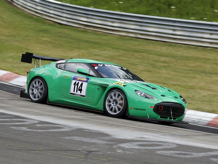 Green Aston Martin V12 Zagato race car with number 114