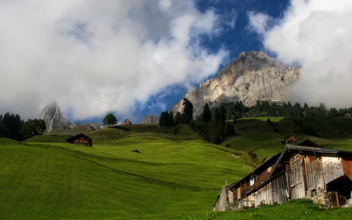 Swiss Alps mountain landscape with grasslands and wooden houses