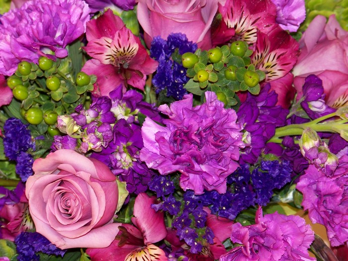 Pink Roses and Purple Carnations Flower Arrangement