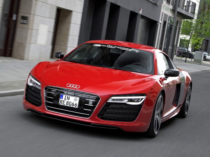 Red Audi R8 e-Tron Prototype driving on street