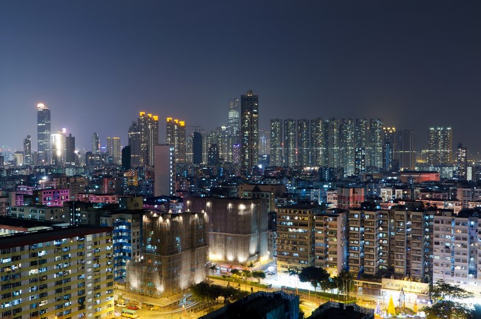Hong Kong cityscape at night with skyscrapers