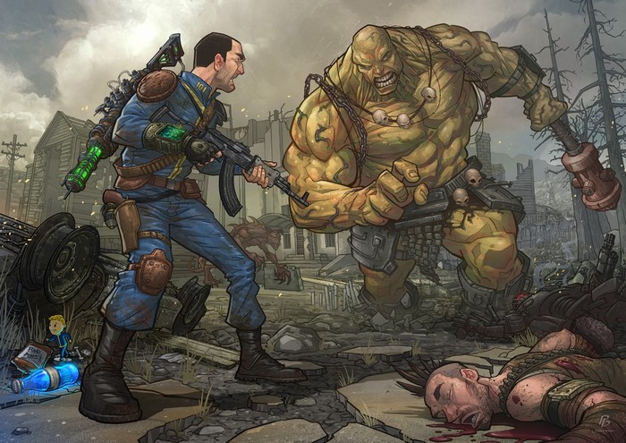 Vault Dweller from Fallout 3 fighting a Super Mutant Behemoth