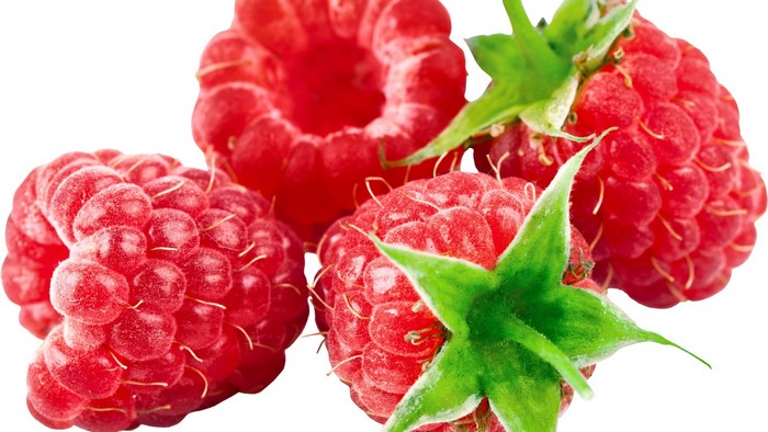 Close-up of four ripe raspberries