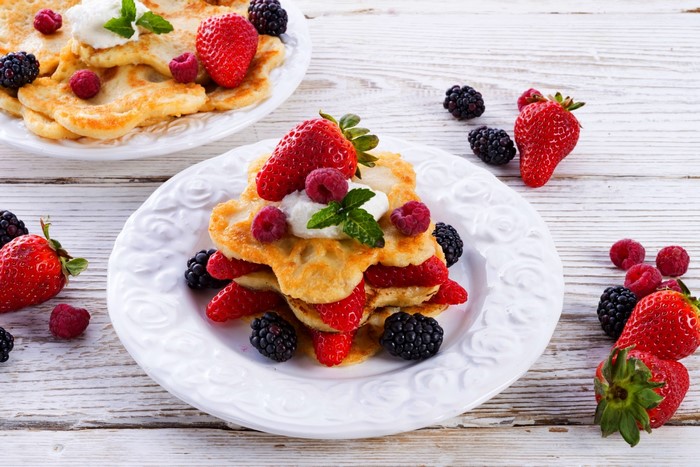 Pancakes with Strawberries, Blackberries, and Cream