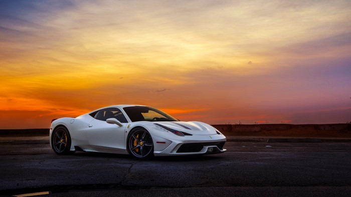 White Ferrari 458 Italia Speciale Supercar at Sunset