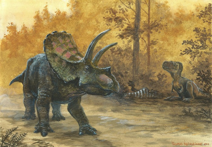Triceratops and Tyrannosaurus Rex in a prehistoric forest