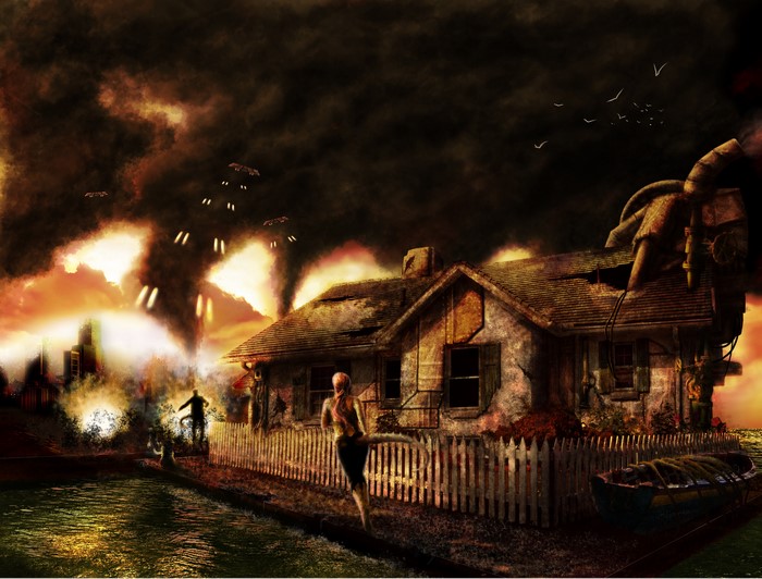 Apocalypse scene with flying saucers and a damaged house