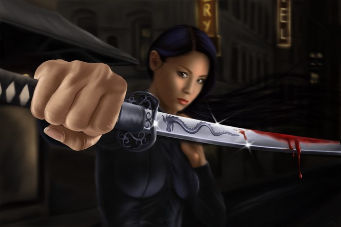 Woman with Katana covered in blood