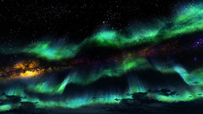 Aurora Borealis over Skyrim landscape