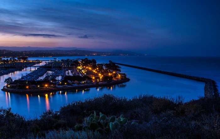 Marina at night with street lights in California, USA