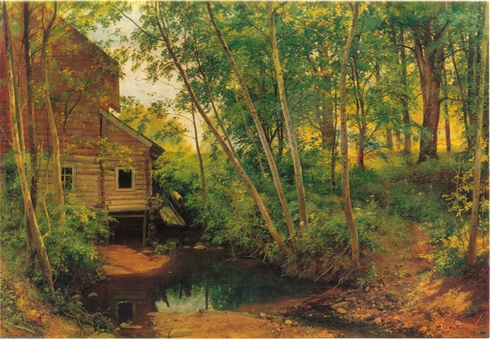 A wooden mill by a forest stream