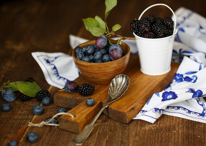 Plums and Blackberries with a Spoon