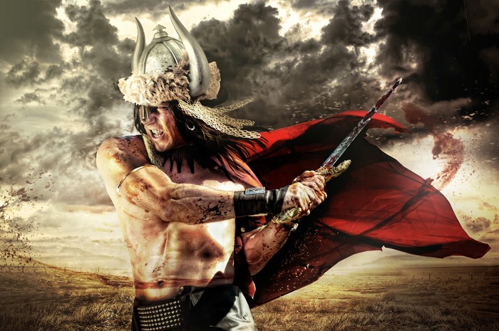 Warrior with Sword and Horned Helmet