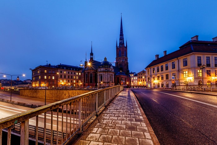 Riddarholmen Church and street at night in Stockholm, Sweden