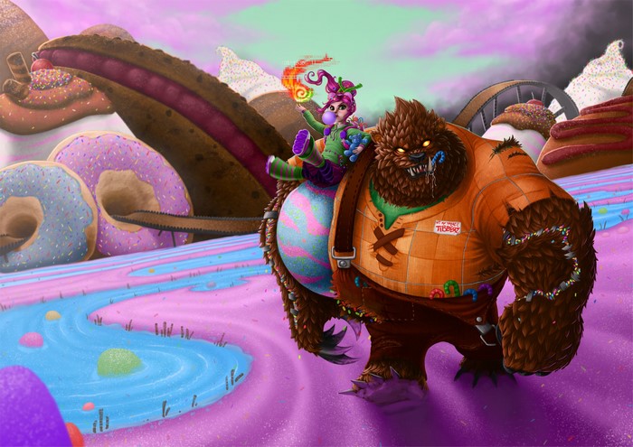 Annie from League of Legends riding a bear in a candy land