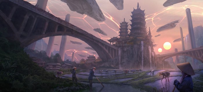 Futuristic Asian landscape with farmers and flying vehicles
