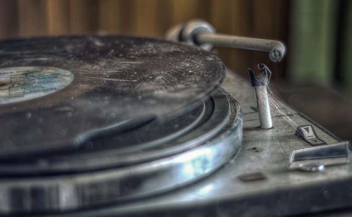 Close-up of a dusty vintage record player
