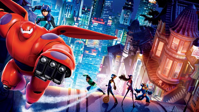 Big Hero 6 characters flying over a futuristic city