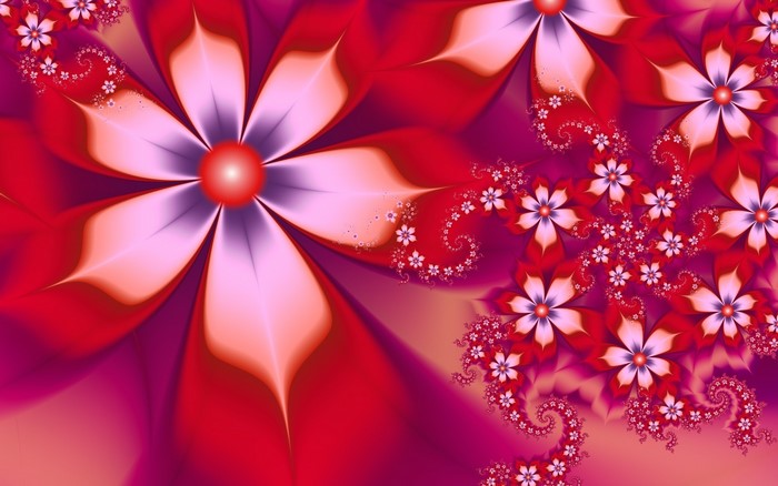 Fractal flowers in red and pink