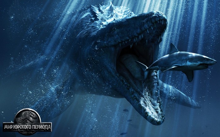 Mosasaurus eating a shark in Jurassic World