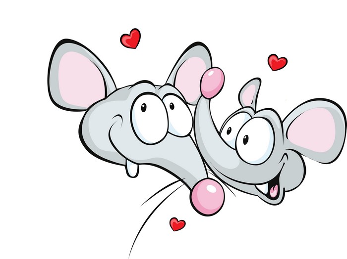Two cartoon mice with hearts