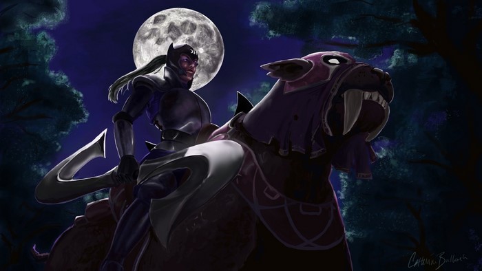 Luna from DOTA 2 riding a magical animal under the moon