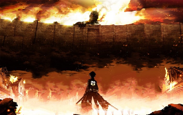 Eren Jaeger from Attack on Titan facing a Titan over a wall