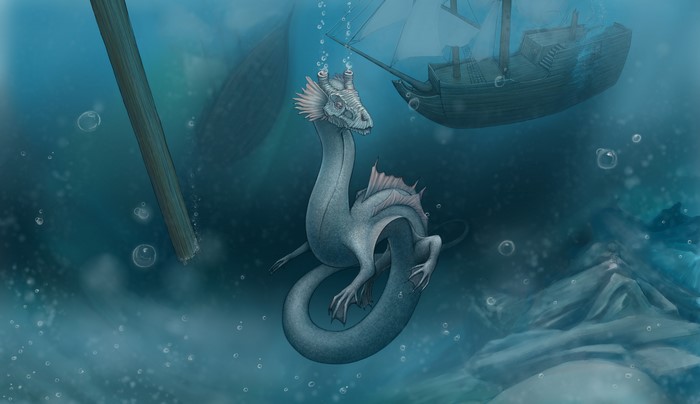 Underwater world with dragon and ships