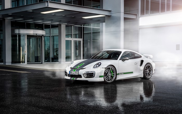 White Porsche Turbo S with Green Accents