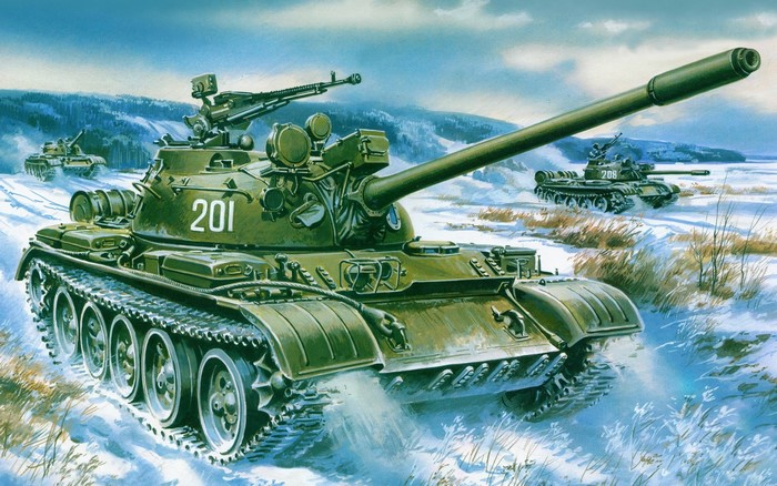 T-55 tanks in a snowy landscape painting